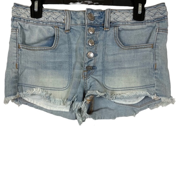 AMERICAN EAGLE OUTFITTERS Hi Rise SHORTIE Button Fly Distressed Jean Shorts sz 6 - Picture 1 of 15